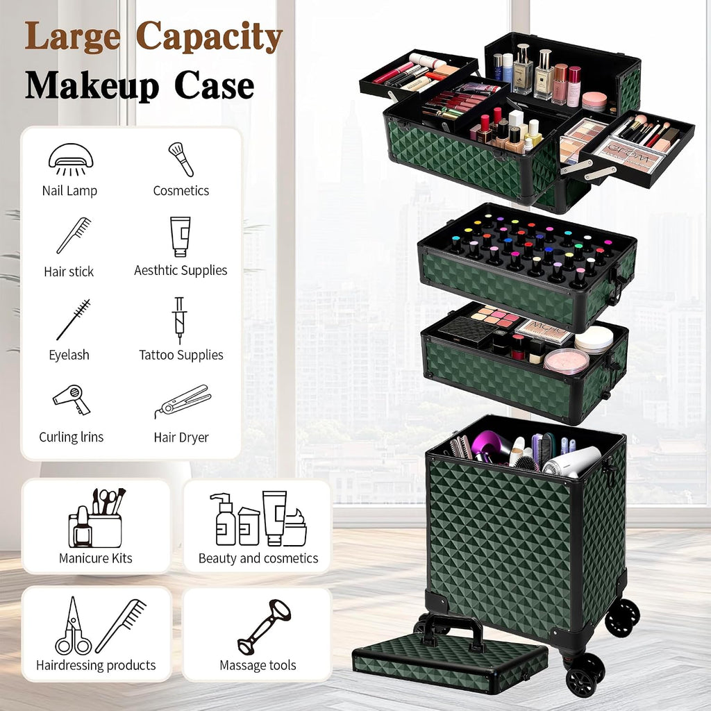 5 in 1 Rolling Makeup Train Case on Wheels Large Cosmetic Organizer Travel Cart for Women Beauty Salon Barber Hairstylist Green