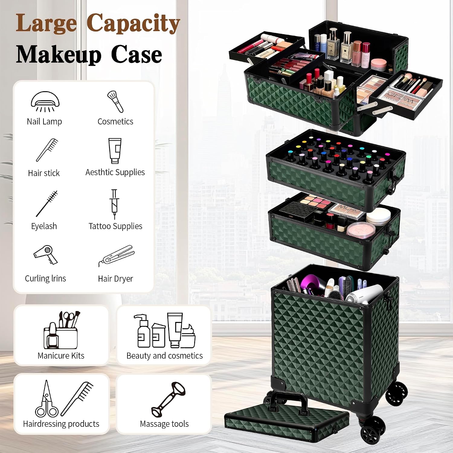 5 in 1 Rolling Makeup Train Case on Wheels Large Cosmetic Organizer Travel Cart for Women Beauty Salon Barber Hairstylist Green