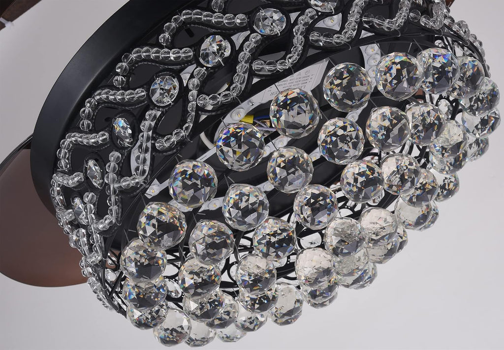 Black Crystal Chandelier Fan, 42' Fandelier Ceiling Fan with Light, Ceiling Fans with Retractable Blades Lights and Remote for Living Dinning Room
