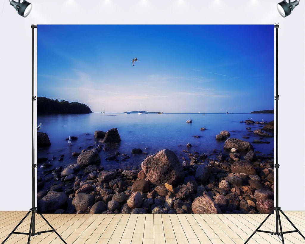 Trykid 20x10ft Smooth Boulders Seagulls Backdrop Calm Bay with Sailboats Drifting and Clear Blue Water Photography Background Coastal Tranquility Party Decoration Photo Booth Prop Fabric