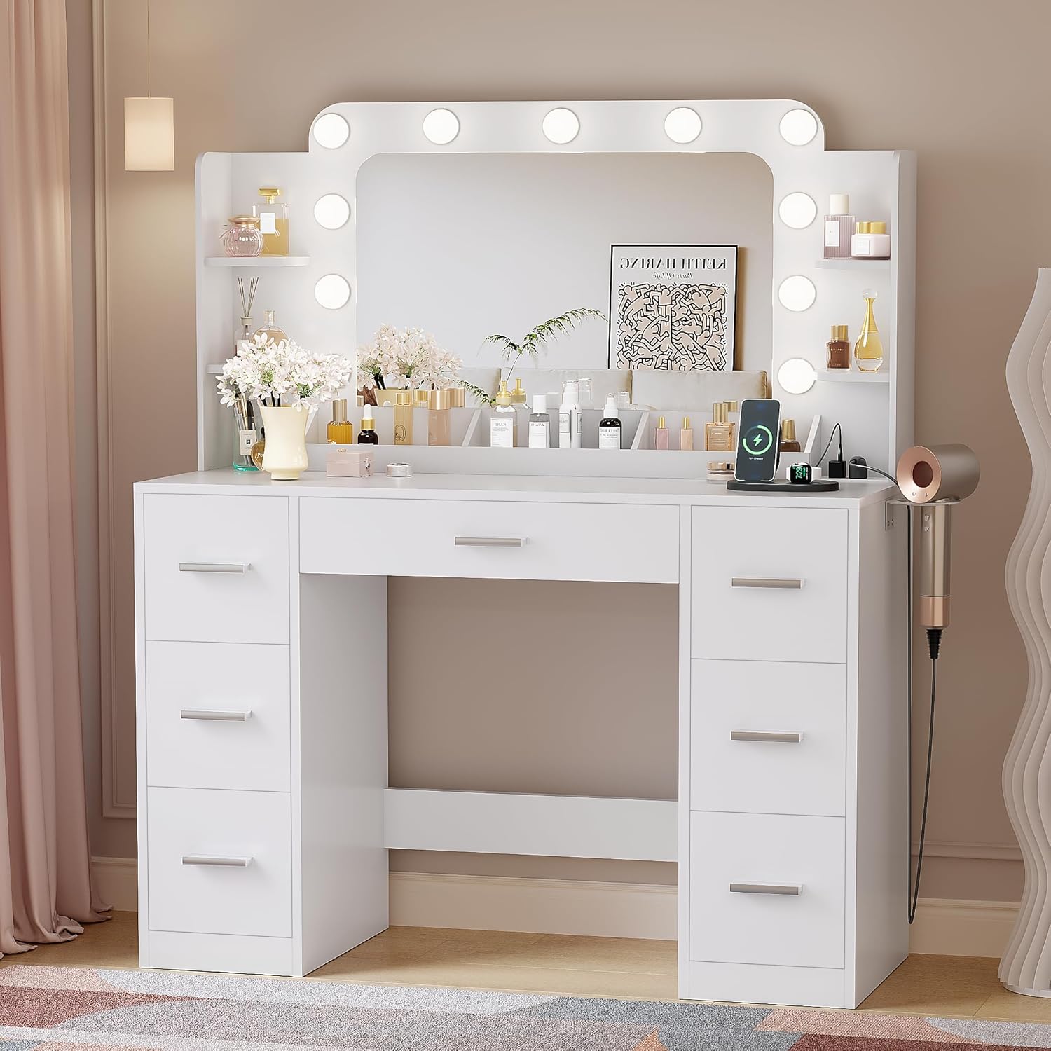 YESHOMY Vanity Desk with Large Lighted Mirror, Power Outlet and 11 Lights, Makeup Table with 7 Drawers and 3 Desktup Storage Units, 3 Color Modes Available for Bedroom, Snow White