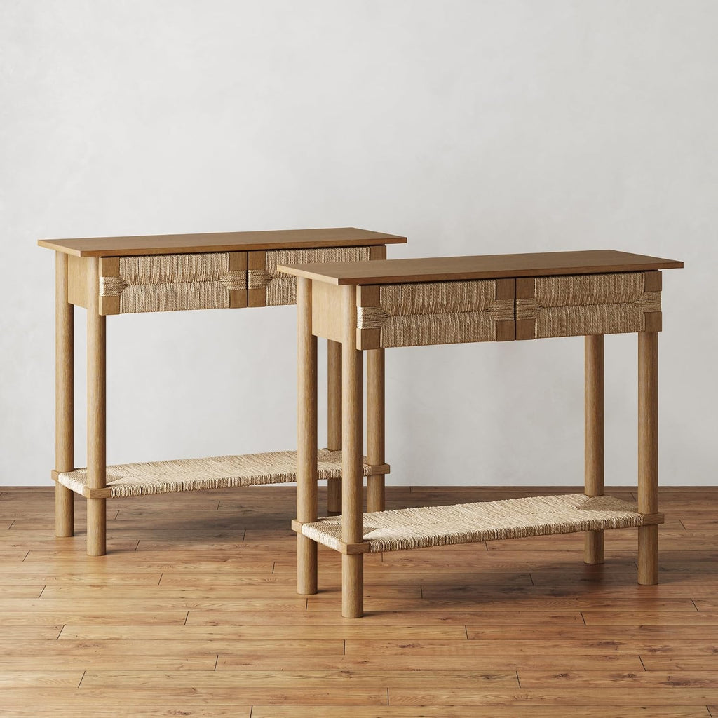Nathan James Beacon Wooden Sofa Console Table with Drawers, Bohemian Entryway Accent, Hallway Furniture with Seagrass Shelf, Light Brown, Set of 2