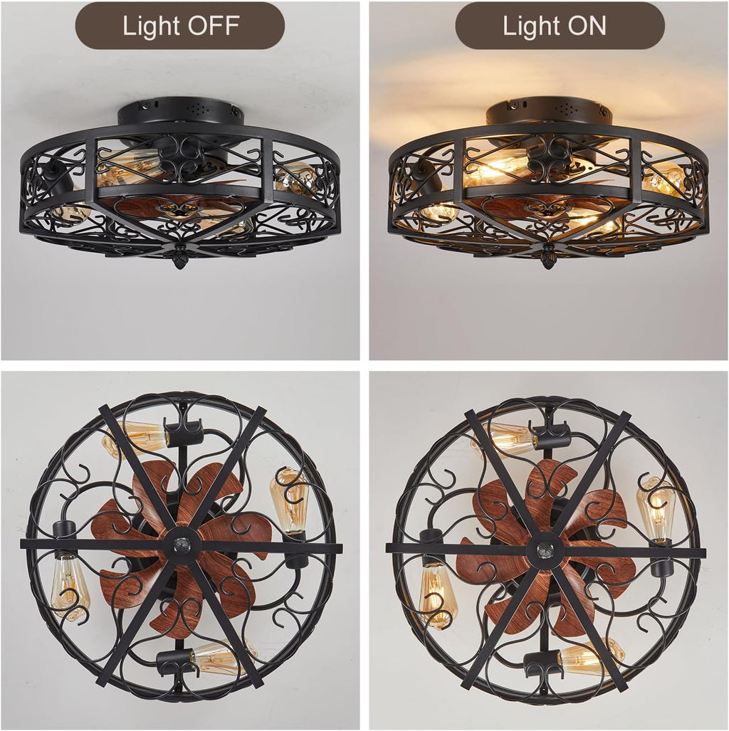 20' Caged Farmhouse Flush Mount Ceiling Fan with Light and Remote Control Bladeless Low Profile Ceiling Fans with Lights Enclosed Vintage Fan 6 Speed Reversible for Kitchen, Bedroom
