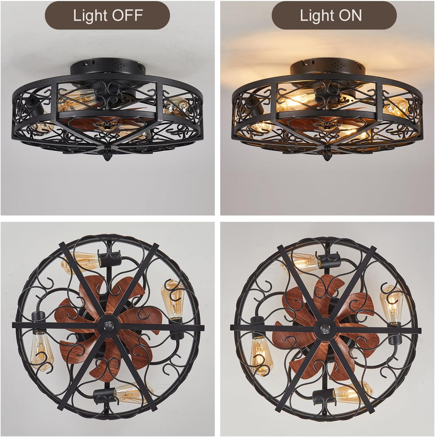 20' Caged Farmhouse Flush Mount Ceiling Fan with Light and Remote Control Bladeless Low Profile Ceiling Fans with Lights Enclosed Vintage Fan 6 Speed Reversible for Kitchen, Bedroom