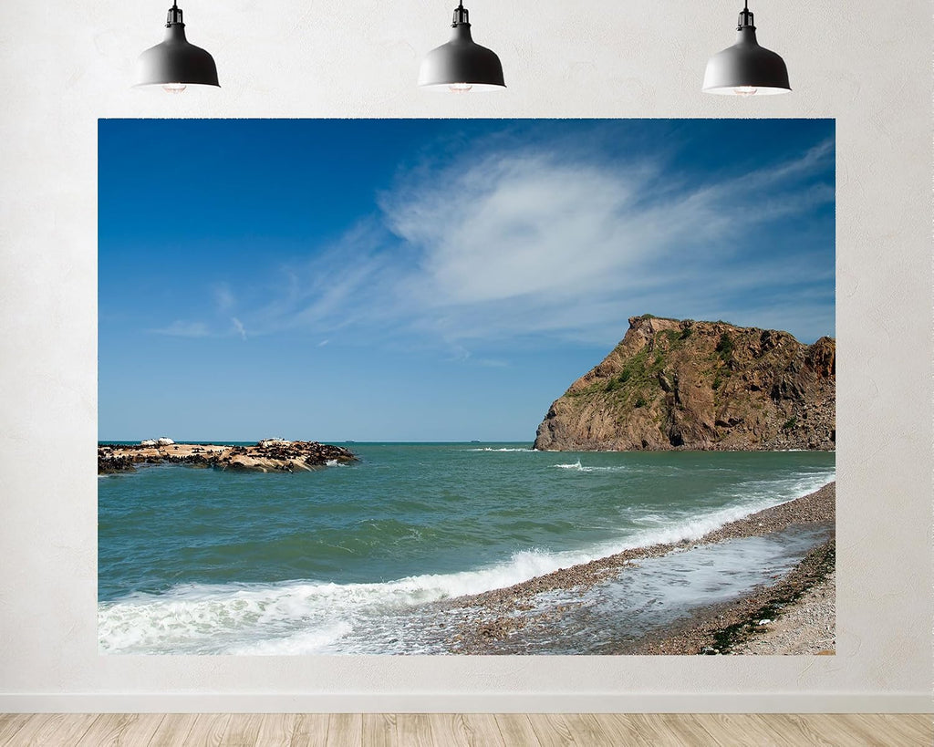 Trykid 20x10ft Coastal Rocks Blue Sea Backdrop Waves Pebble Beach Cliffs Clear Sky Photography Background Seaside Nature Exploration Tapestry Party Decoration Photo Studio Prop Fabric