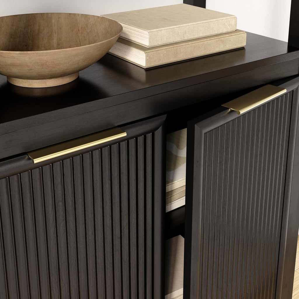 Bush Home Fluted 5 Shelf Bookcase with Doors - Set of 2, Living Room Furniture, Camille Collection, Onyx Birch Black
