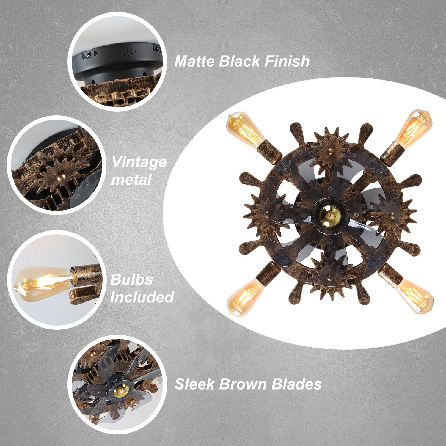 18.9' Vintage Industrial Small Ceiling Fans with Lights and Remote,Wooden Rudder Low Profile Fandelier Ceiling Fan with Light,Flush Mount Bladeless Ceiling Fan for Kitchen,Bedroom,Cafe Bar