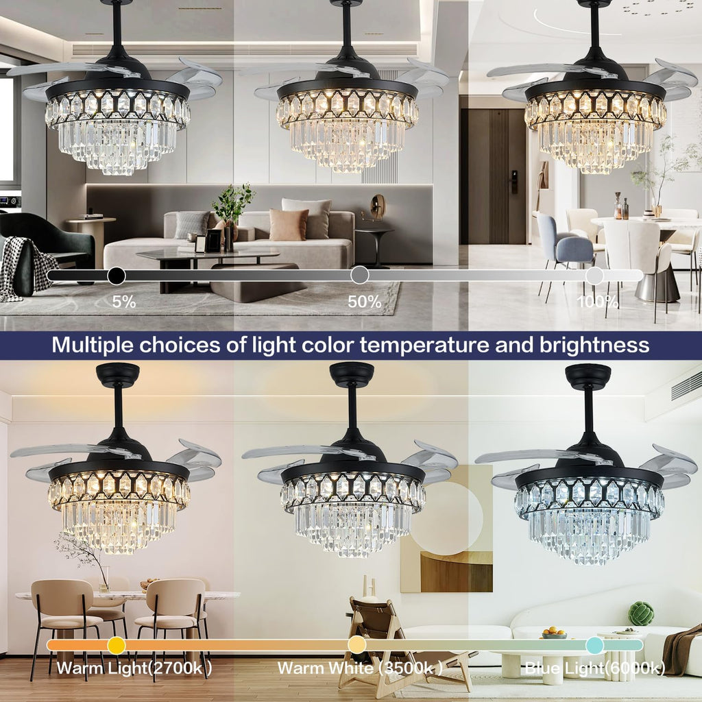 48' Dimmable Black Fandelier Ceiling Fans with Lights and Remote Modern Retractable Blade Crystal Chandelier Ceiling Fan with Light for Bedroom Dinning Room Living Room