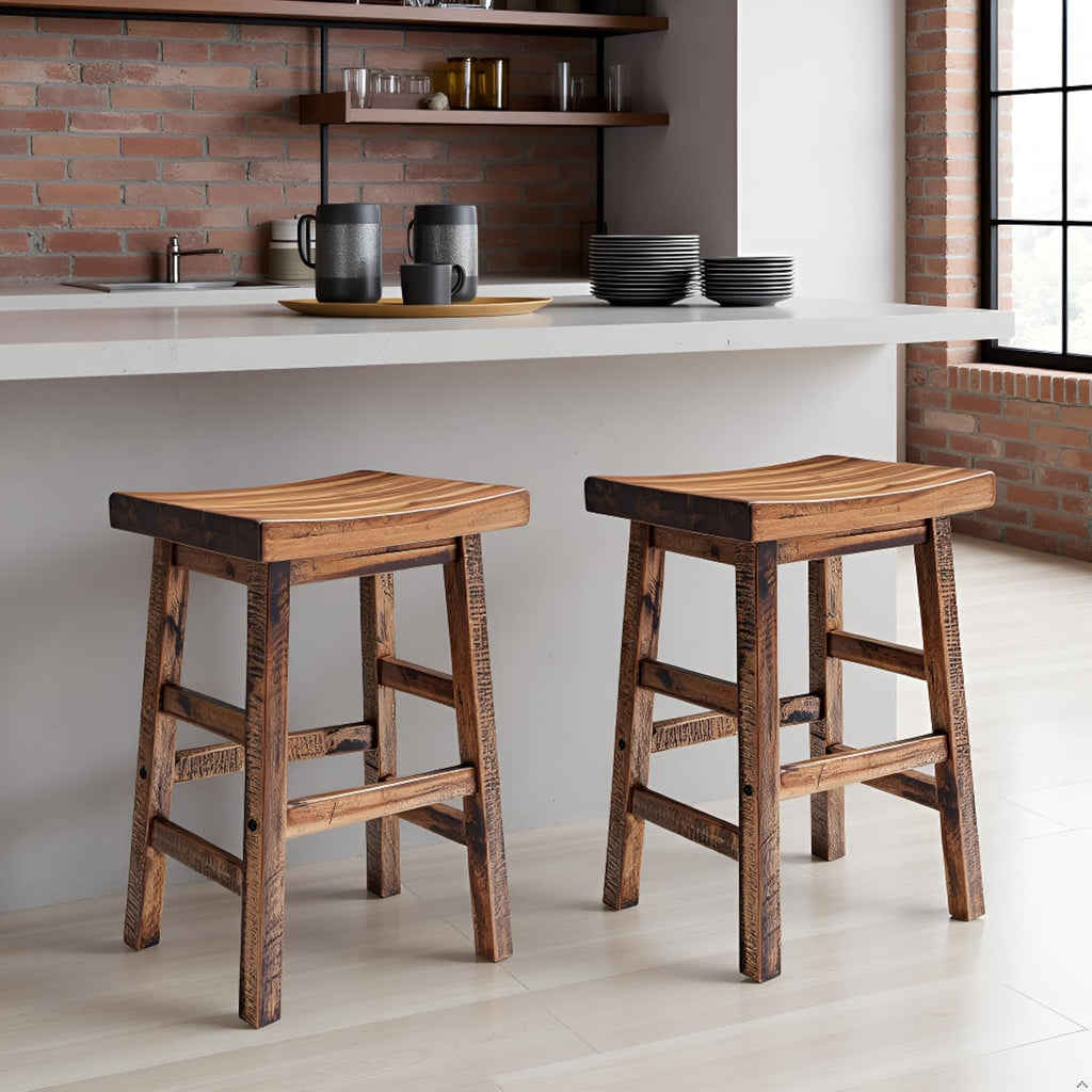 Alaterre Furniture Durango 26-Inch Industrial Wood Counter-Height Stools – Set of 2 Rustic Saddle Seat Bar Stools - Vintage Style with Light or Dark Lacquer Finish for Kitchen Island or Home Bar