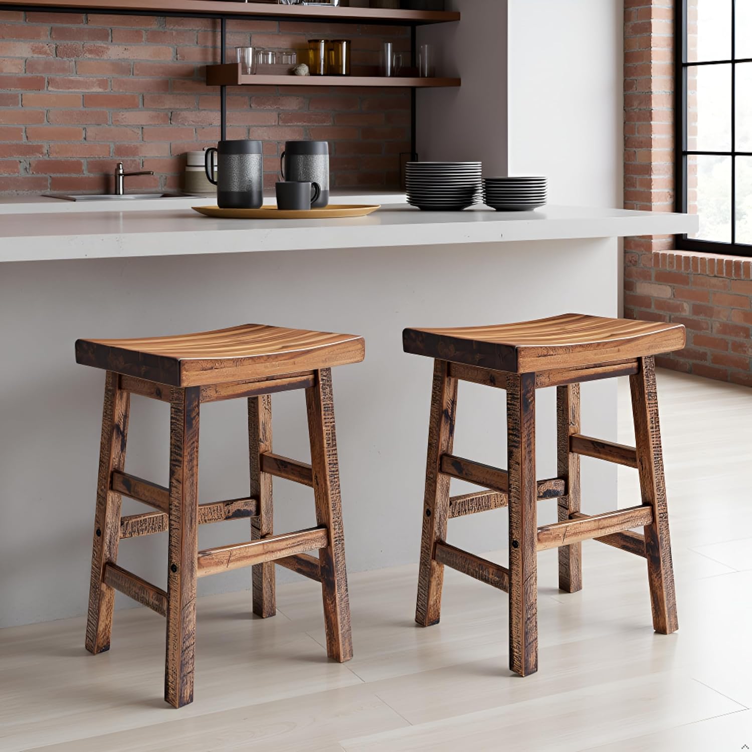 Alaterre Furniture Durango 26-Inch Industrial Wood Counter-Height Stools – Set of 2 Rustic Saddle Seat Bar Stools - Vintage Style with Light or Dark Lacquer Finish for Kitchen Island or Home Bar