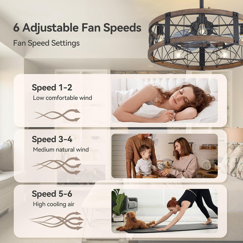 28' Traditional Caged Ceiling Fans with Lights and Remote, 6-Speed Reversible DC Motor, 2 Downrods, Industrial Black and Brown Farmhouse Enclosed Ceiling Fan for Bedroom Living Room