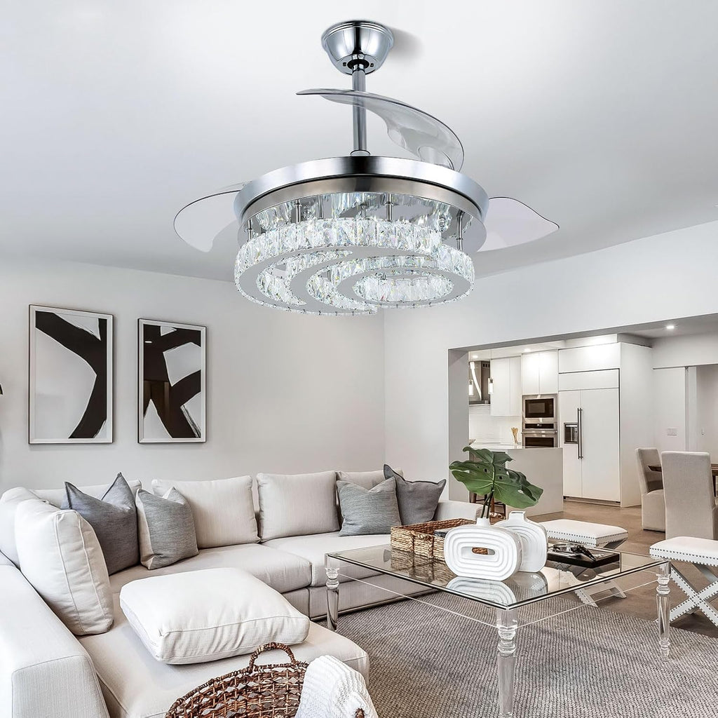 FRIXCHUR 42' Dimmable Fandelier Led Crystal Chandelier Ceiling Fans with Lights and Remote Moon Shape Retractable Chandelier Ceiling Fan for Bedroom Living Room Dining Room 30W*2