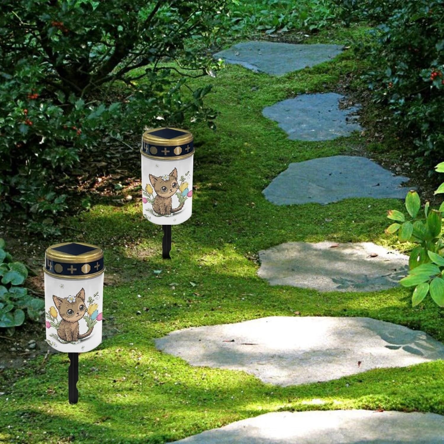 Cute Cat Outdoor Stake Lights Solar Warm White Lights for Yard Patio Waterproof Pathway Lights Flameless Garden Lights for Party Home Landscape Lighting