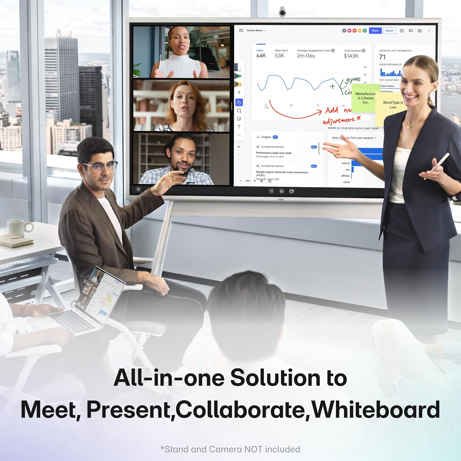Vibe S1 4K UHD Smart Board, 55 Inch Digital Whiteboard for Office and Classroom, Chrome OS and 250+ Free Apps, Electronic Presentation Meeting Device for Hybrid Work, Interactive Touchscreen Display