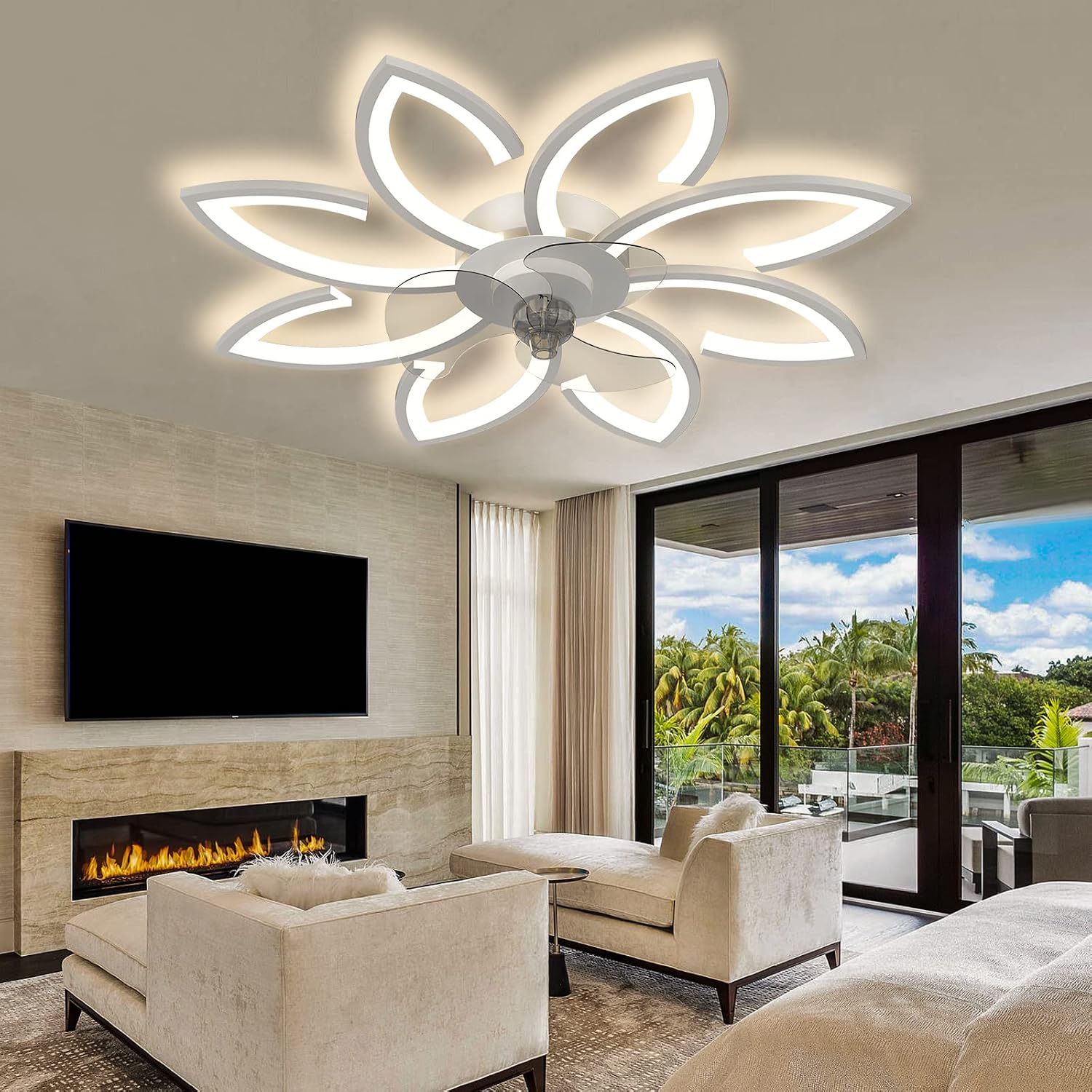 Bladeless Ceiling Fan With Lights, Modern Flush Mount With Dimmable LED Light and Remote Control, Low Profile 6 Gear Wind Speed Timing for Kids Room Bedroom 35.4in*5.5in