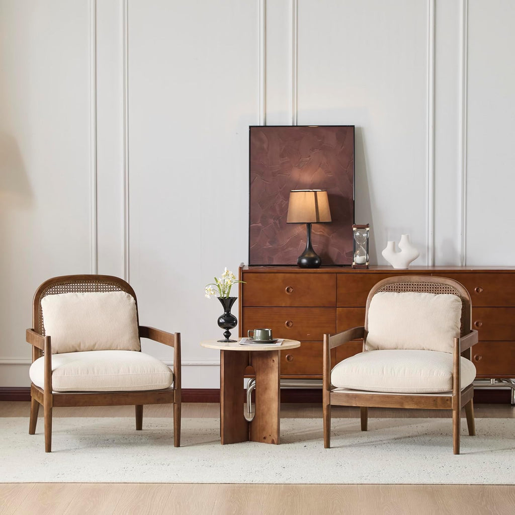 Christopher Knight Home Nadine Wooden Club Chairs Set of 2, Club Chair, Rattan Open Back Armchair, Accent Reading Sofa Chair with Cushions, Accent Chairs Set for Living Room Bedroom, Beige Stripe