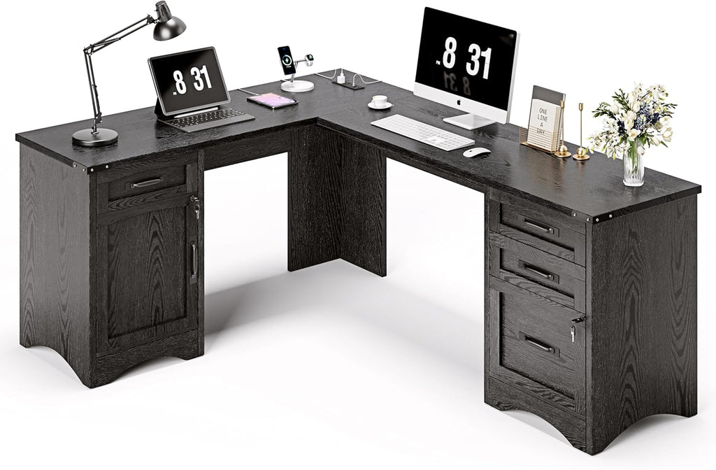 Decofy L Shaped Farmhouse Executive Desk with Drawers, 67' Home Office Desks with Fast Charging Station, Lockable File Cabinet, Wood Writing Computer Desk for Work, Study, Black