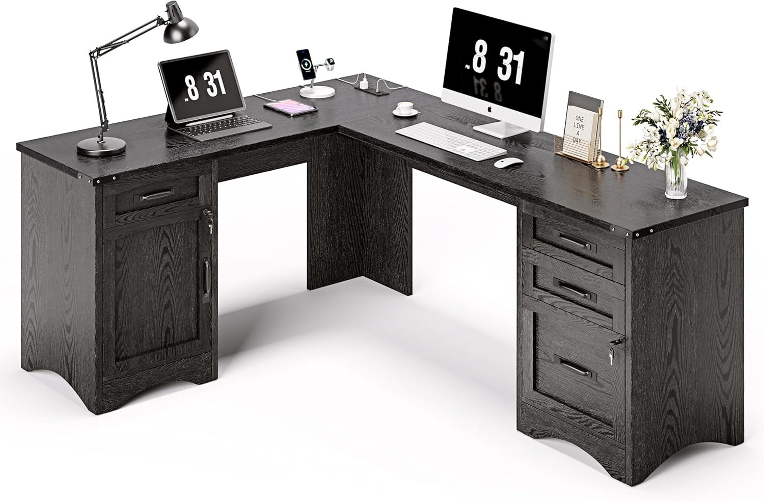 Decofy L Shaped Farmhouse Executive Desk with Drawers, 67' Home Office Desks with Fast Charging Station, Lockable File Cabinet, Wood Writing Computer Desk for Work, Study, Black