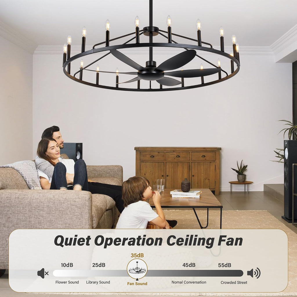 50' Farmhouse Chandelier Ceiling Fan with Light and Remote, 20-Lights Large Wagon Wheel Fandelier with Candle for Living Room,Rustic Walnut Fan with Light