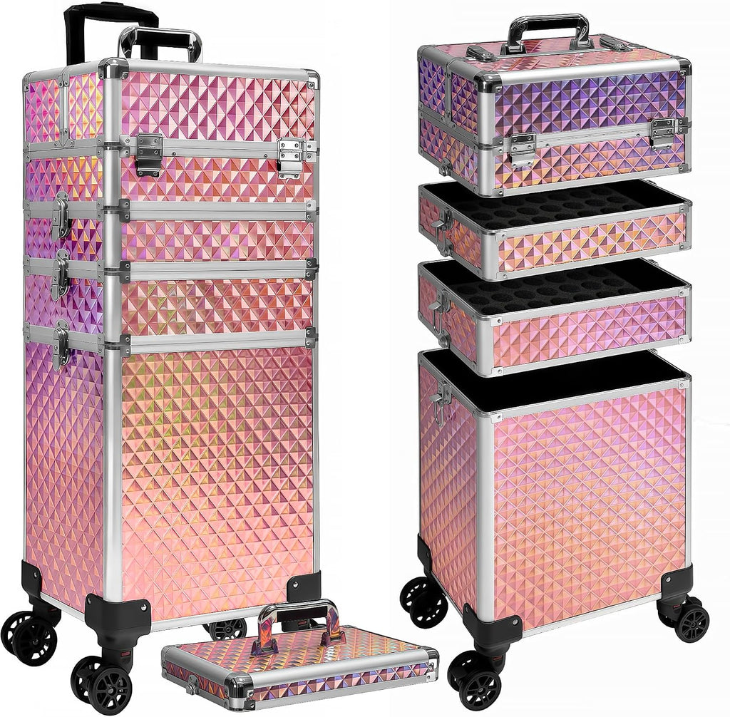 5 in 1 Rolling Makeup Train Case on Wheels Large Cosmetic Organizer Travel Cart for Women Beauty Salon Barber Hairstylist Pink