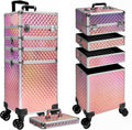 5 in 1 Rolling Makeup Train Case on Wheels Large Cosmetic Organizer Travel Cart for Women Beauty Salon Barber Hairstylist Pink
