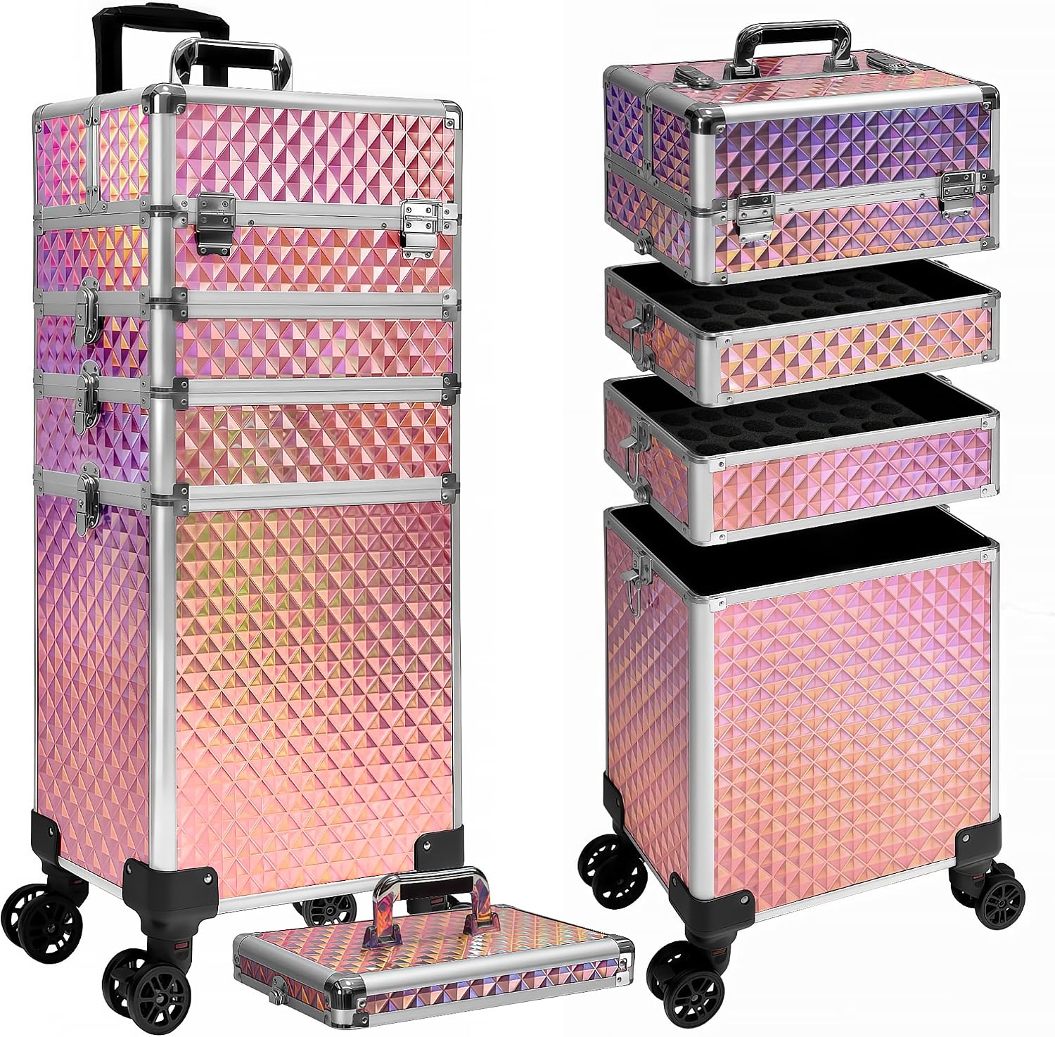 5 in 1 Rolling Makeup Train Case on Wheels Large Cosmetic Organizer Travel Cart for Women Beauty Salon Barber Hairstylist Pink