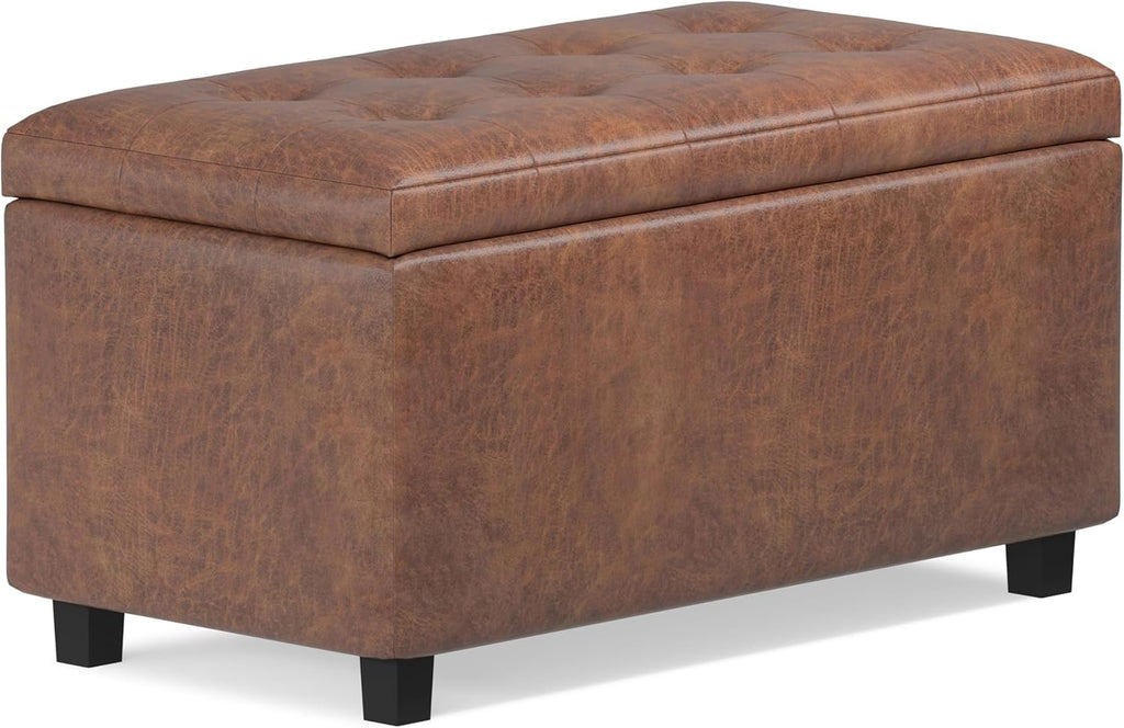 SIMPLIHOME Cosmopolitan Storage Ottoman - 34 inch Wide Upholstered Vegan Leather Rectangle Storage Ottoman Bench in Distressed Saddle Brown, Transitional Tufted Ottoman for Entryway with Lift-Up Lid