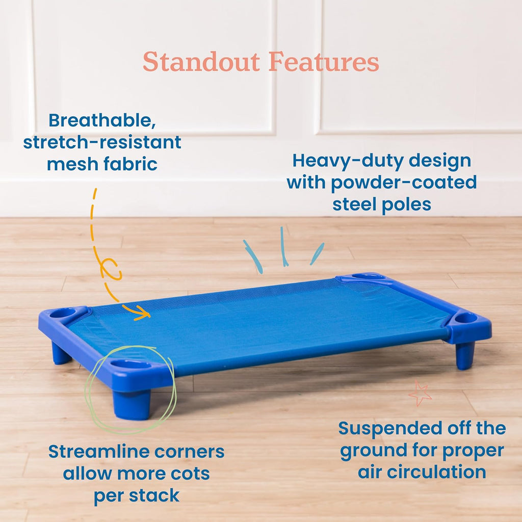 ECR4Kids Streamline Cot, Ready-to-Assemble, Toddler Size, Classroom Furniture, Blue, 6-Pack