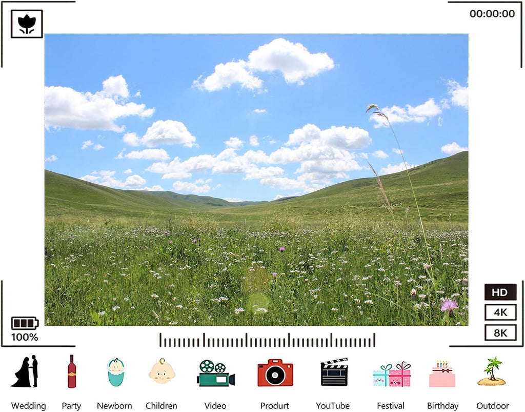 Trykid 20x10ft Wildflower Prairie Backdrop Rolling Hills Fluffy Clouds Clear Blue Sky Expansive Terrain Photography Background Countryside Wedding Party Decoration Photo Booth Prop Fabric
