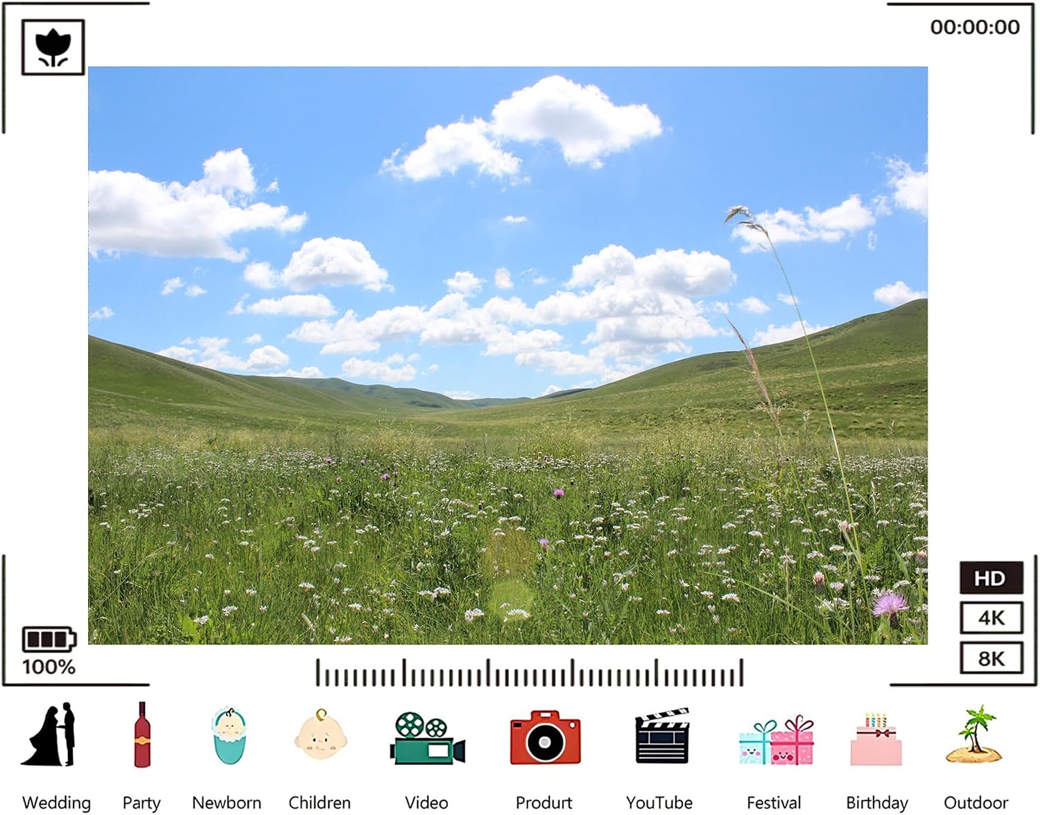 Trykid 20x10ft Wildflower Prairie Backdrop Rolling Hills Fluffy Clouds Clear Blue Sky Expansive Terrain Photography Background Countryside Wedding Party Decoration Photo Booth Prop Fabric