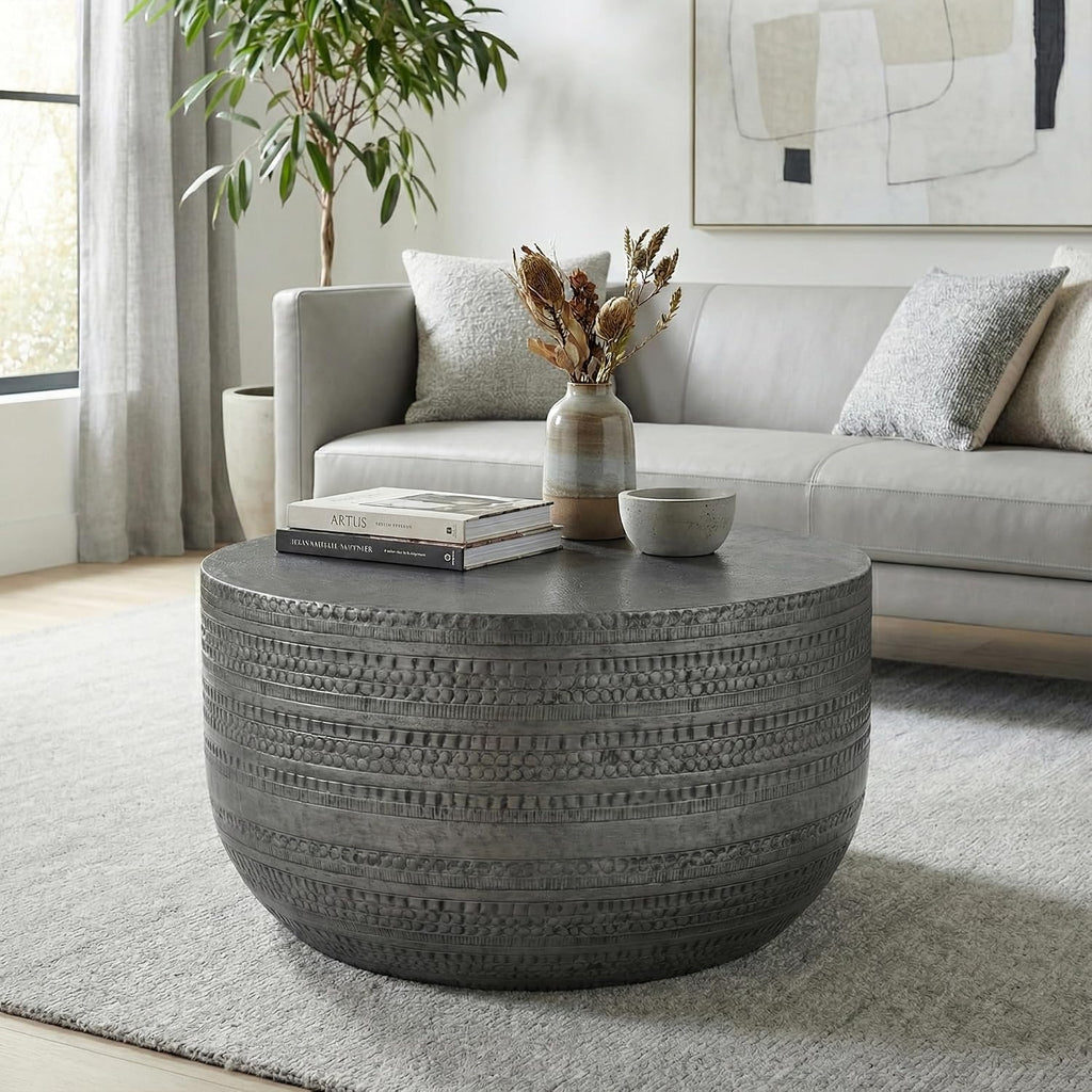 SIMPLIHOME Johnsen Metal Coffee Table - 30 inch Wide Solid Metal Round Drum Accent Table in Distressed Nickel, Boho Coffee Table for Living Room with Decorative Textured Design, Assembled