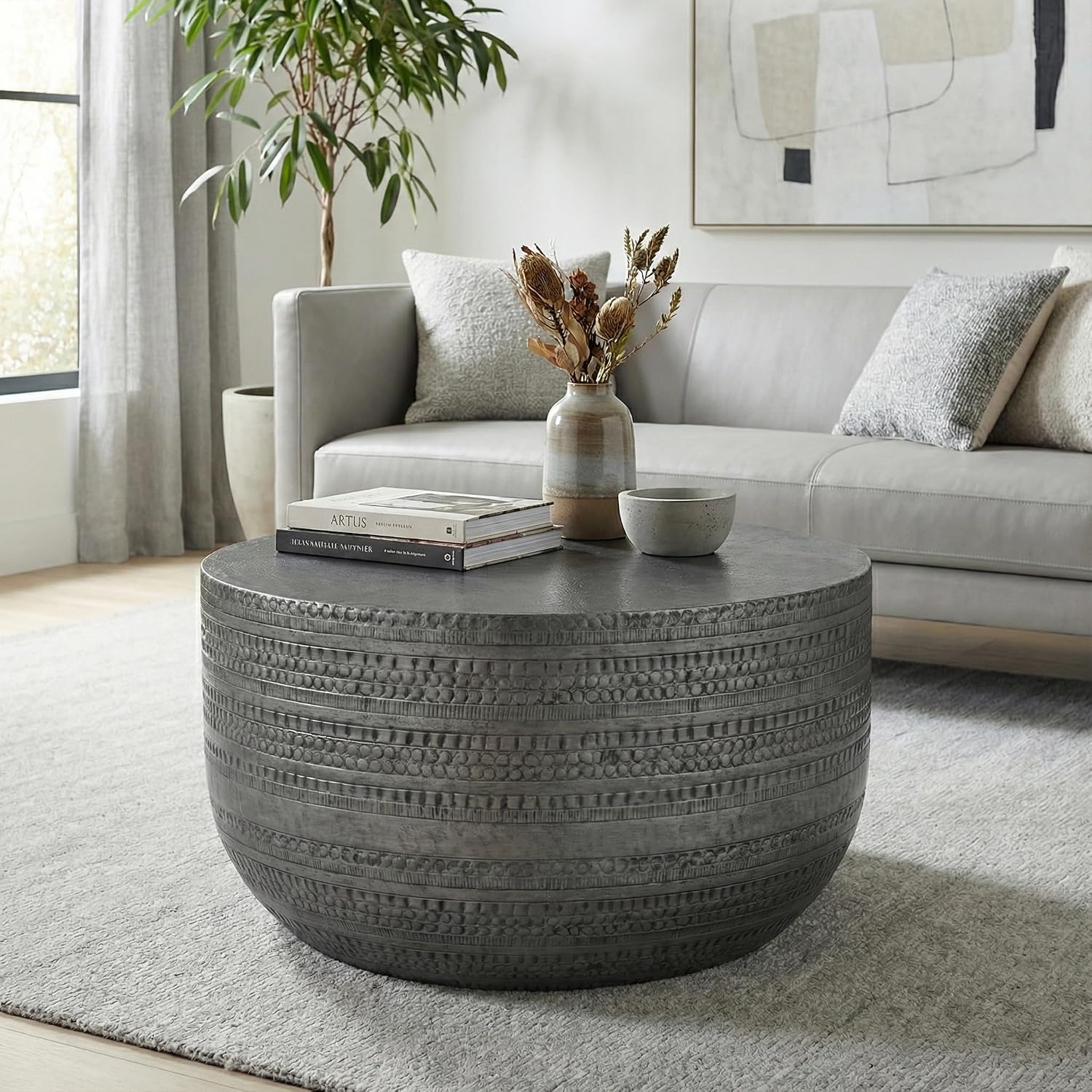 SIMPLIHOME Johnsen Metal Coffee Table - 30 inch Wide Solid Metal Round Drum Accent Table in Distressed Nickel, Boho Coffee Table for Living Room with Decorative Textured Design, Assembled