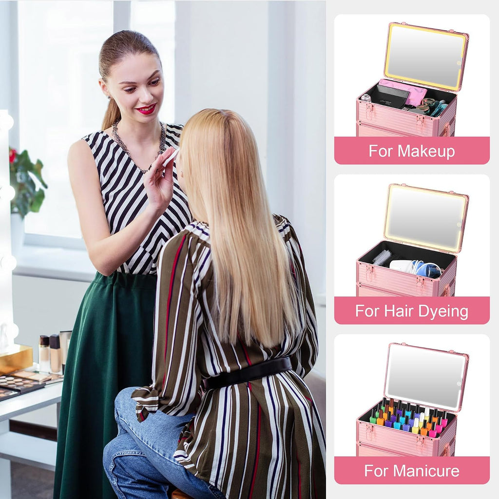 Somduy Makeup Train Case with LED Mirror, Rolling Makeup Case with Drawers, Cosmetology Case on Wheels, Gift, Travel Makeup Organizers, Profesional Cosmetic Case for Salon Barber,Nail,Tattoo, Pink