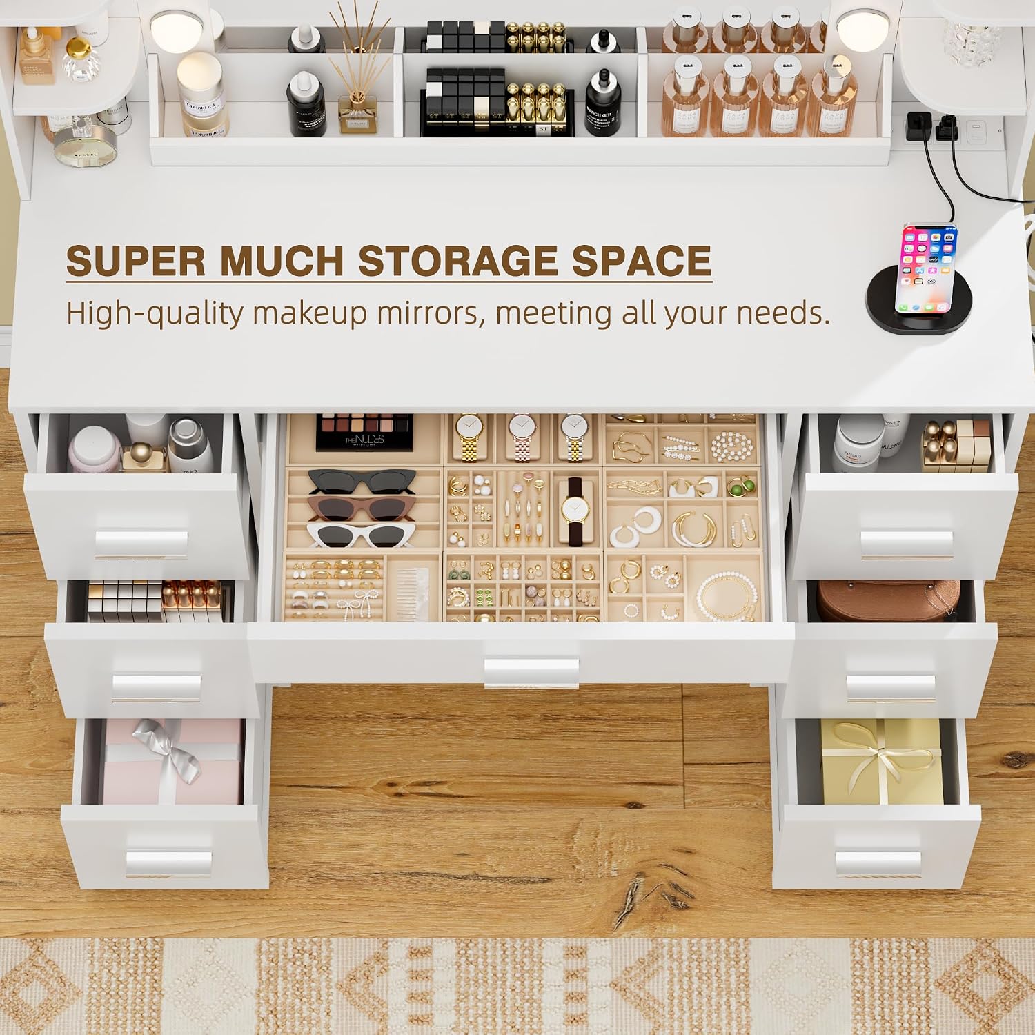 YESHOMY Vanity Desk with Large Lighted Mirror, Power Outlet and 11 Lights, Makeup Table with 7 Drawers and 3 Desktup Storage Units, 3 Color Modes Available for Bedroom, Snow White