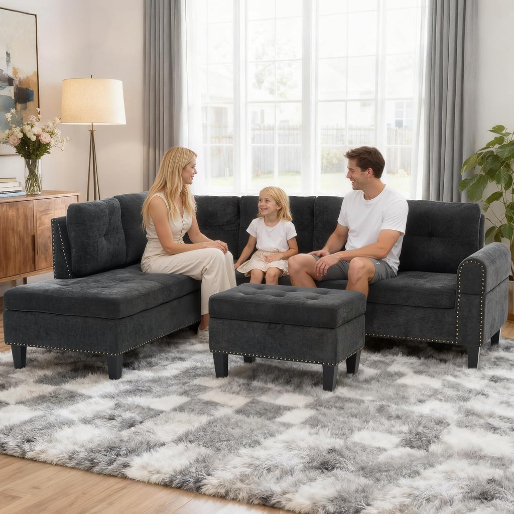 97.5' L Shaped Couches for Living Room, Sectional Couch Living Room Furniture with Storage Ottoman, Modular Sectional Sofa with Movable Chaise for Apartment Office, Black