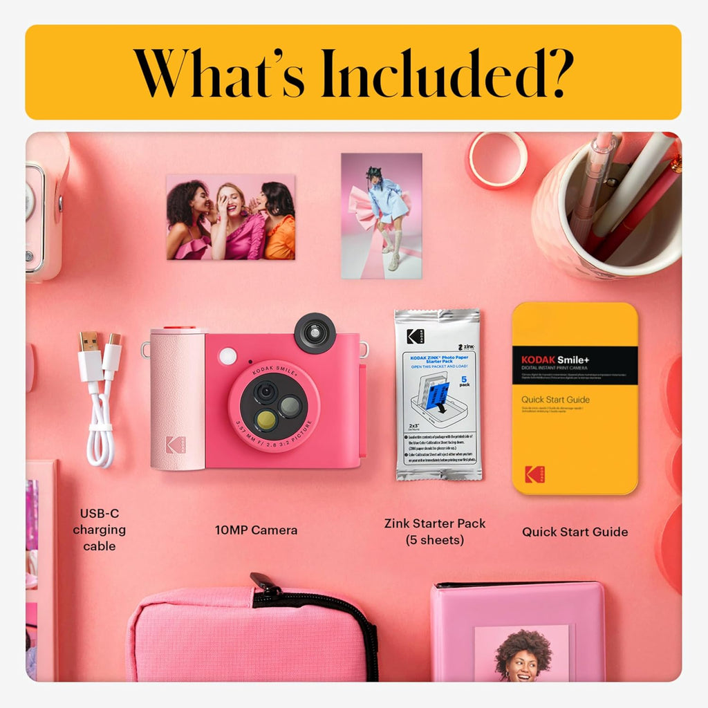 KODAK Smile+ 2-in-1 Digital Instant Print Camera & Printer Gift Bundle + Case + Zink 20pk 2x3 Sticky Back Photo Paper + Album + Sticker Sets + Sticker Frames + Hanging Frames + Markers - Fuchsia