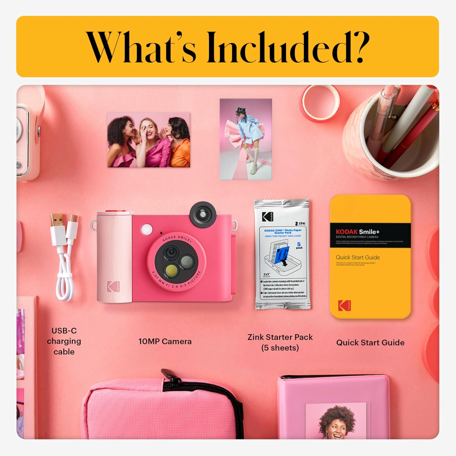 KODAK Smile+ 2-in-1 Digital Instant Print Camera & Printer Gift Bundle + Case + Zink 20pk 2x3 Sticky Back Photo Paper + Album + Sticker Sets + Sticker Frames + Hanging Frames + Markers - Fuchsia