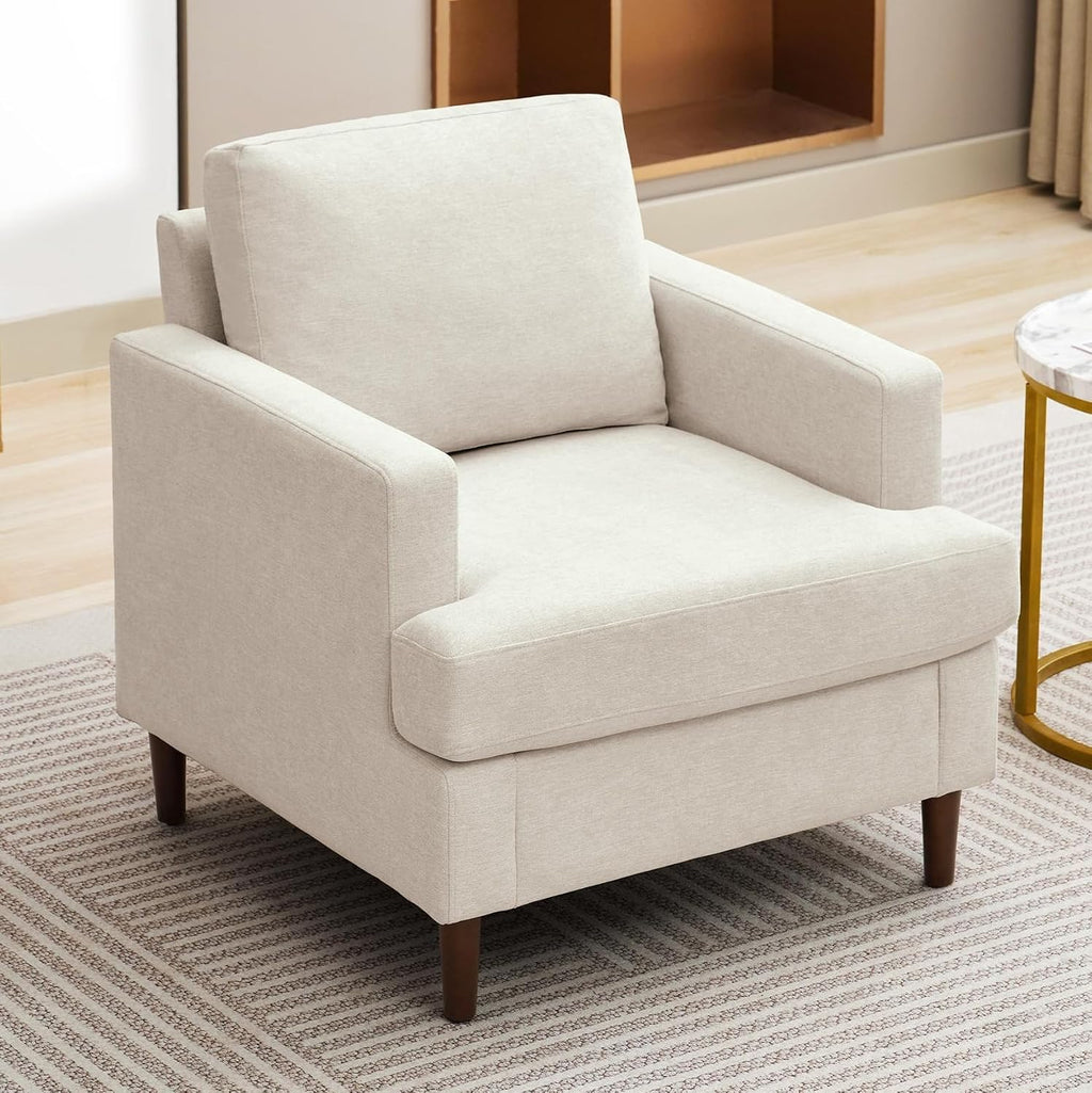 Weture Mid-Century Accent Chair,Modern Linen Fabric Armchair for Living Room,Comfy Upholstered Reading Accent Chairs for Bedroom,Single Sofa Chair with Wood Legs (Beige, 1 Pack)
