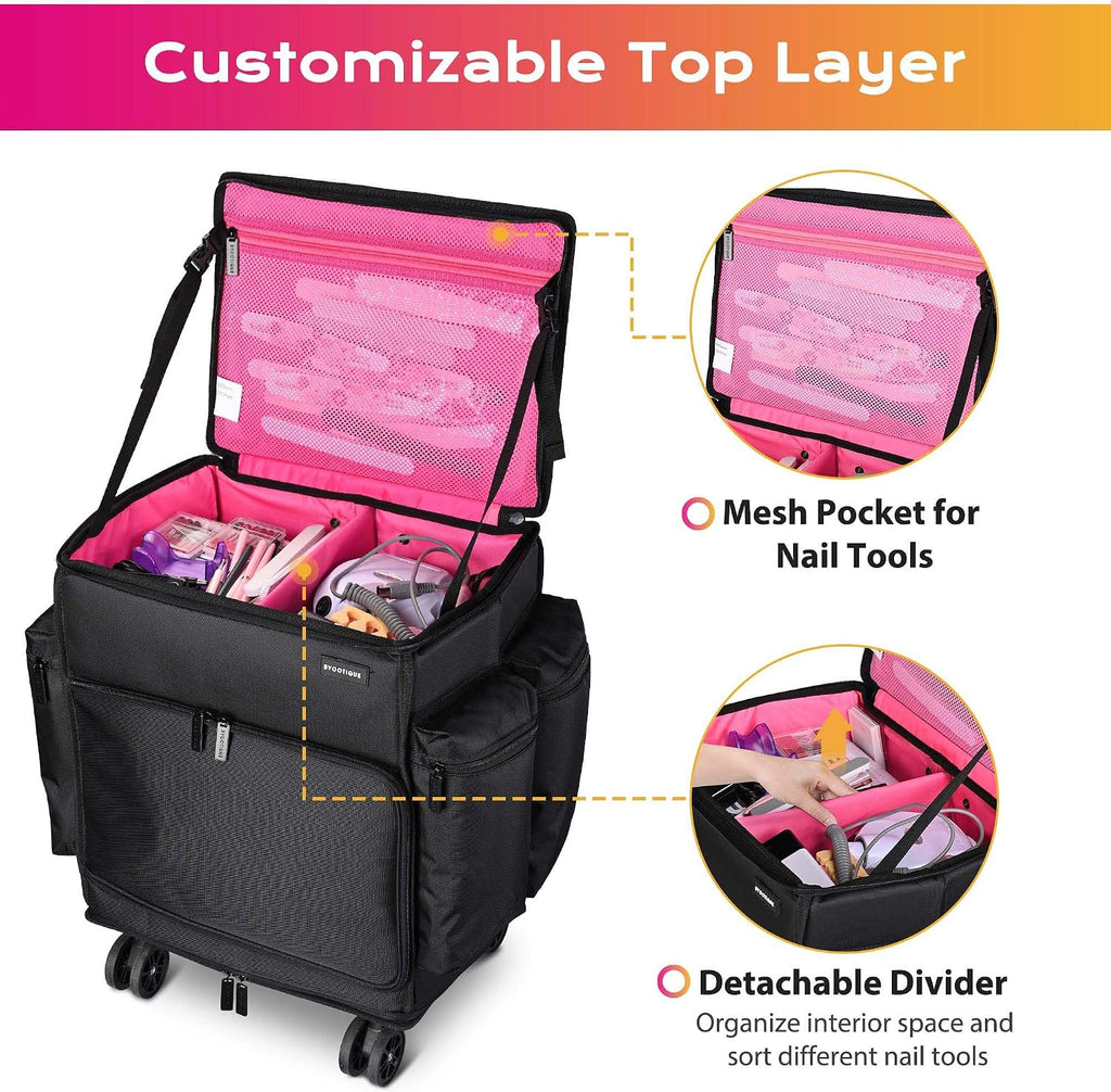 BYOOTIQUE Rolling Makeup Train Case Soft Sided Nylon Fabric Travel Cosmetic Organizer Storage Makeup Trolley Suitcase for Makeup Artist, Pink