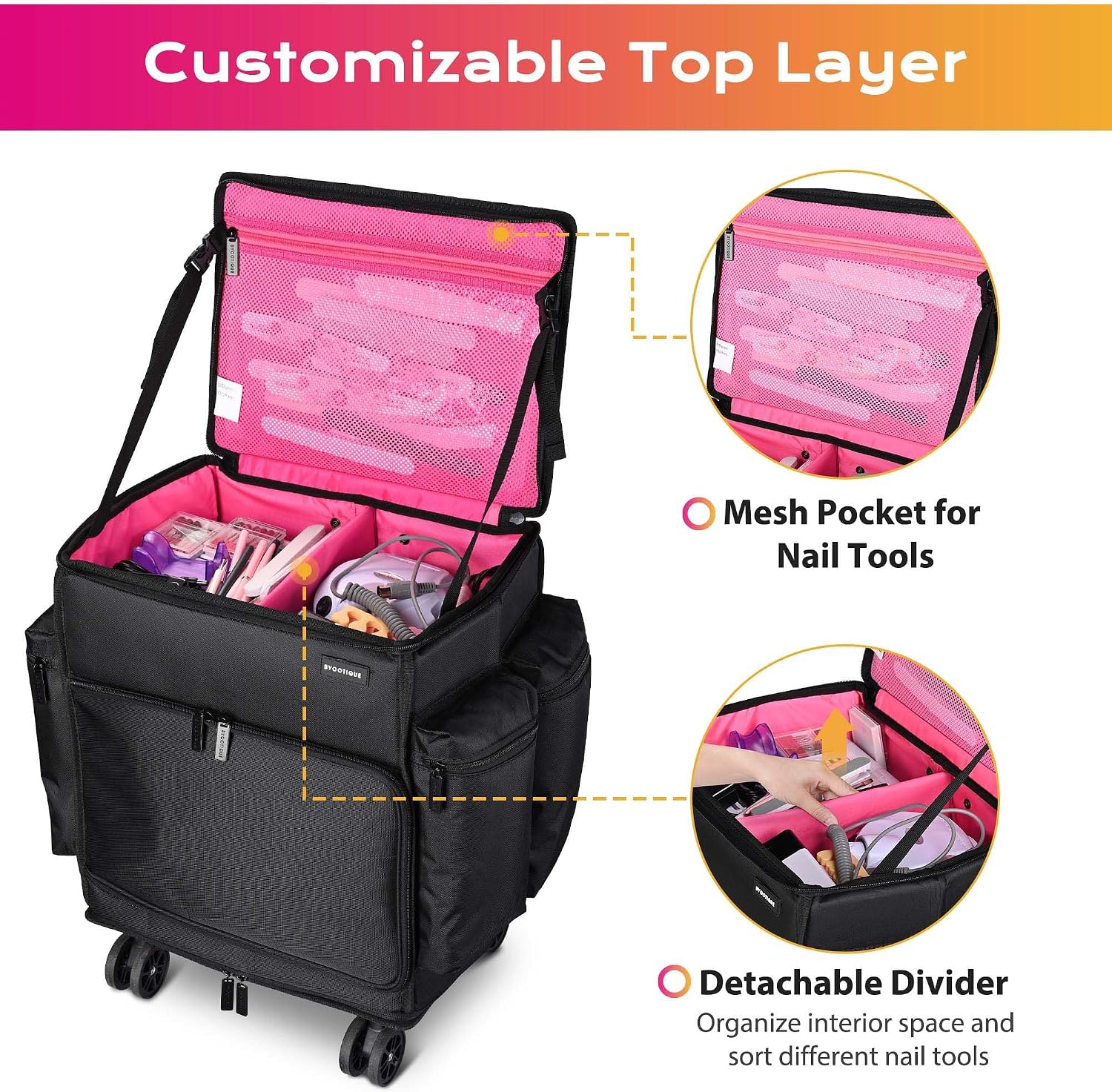 BYOOTIQUE Rolling Makeup Train Case Soft Sided Nylon Fabric Travel Cosmetic Organizer Storage Makeup Trolley Suitcase for Makeup Artist, Pink