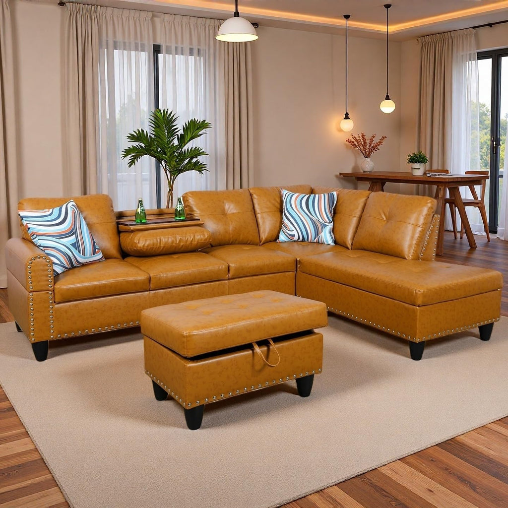 Sectional Couches for Living Room with Movable Chaise & Storage Ottoman - 97.5' Leather L Shaped Couches for Living Room Apartment, Home Modular Sectional Sofas with Cup Holder, Ginger