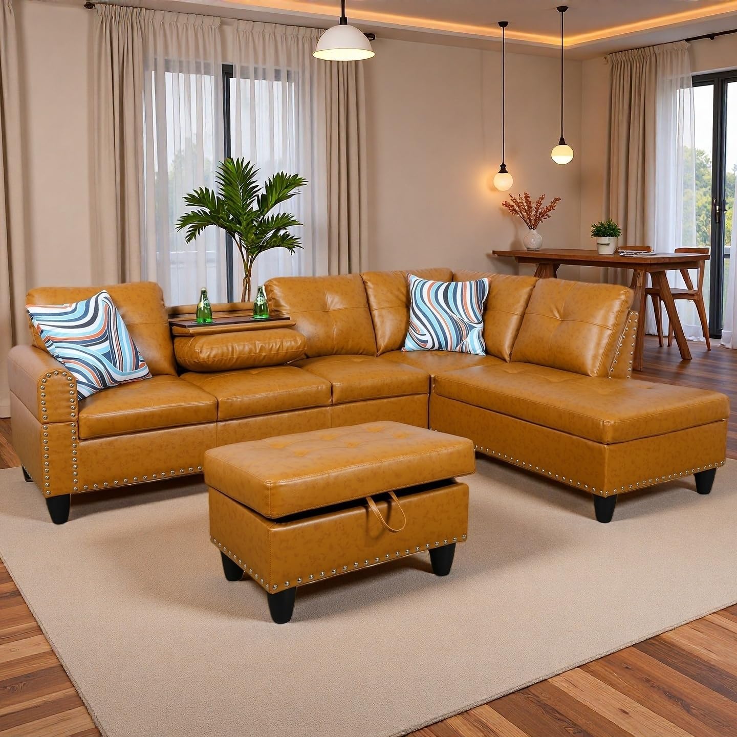 Sectional Couches for Living Room with Movable Chaise & Storage Ottoman - 97.5' Leather L Shaped Couches for Living Room Apartment, Home Modular Sectional Sofas with Cup Holder, Ginger