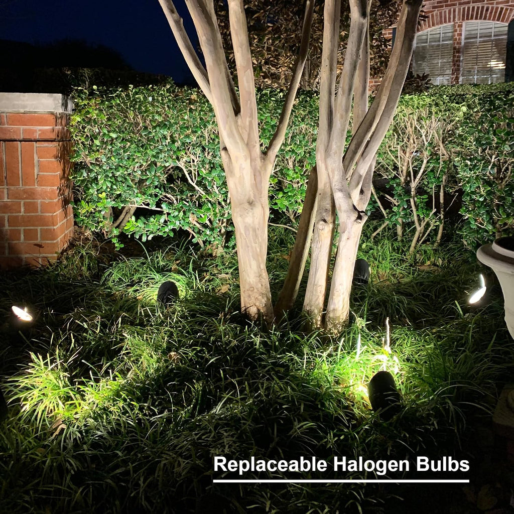 GOODSMANN Low Voltage Landscape Spotlights 50W 8PK Kits Outdoor Flood Lights 3000K Warm White Replaceable Halogen Bulb Outside Hardwired Lighting with Metal Stake Cable Connector