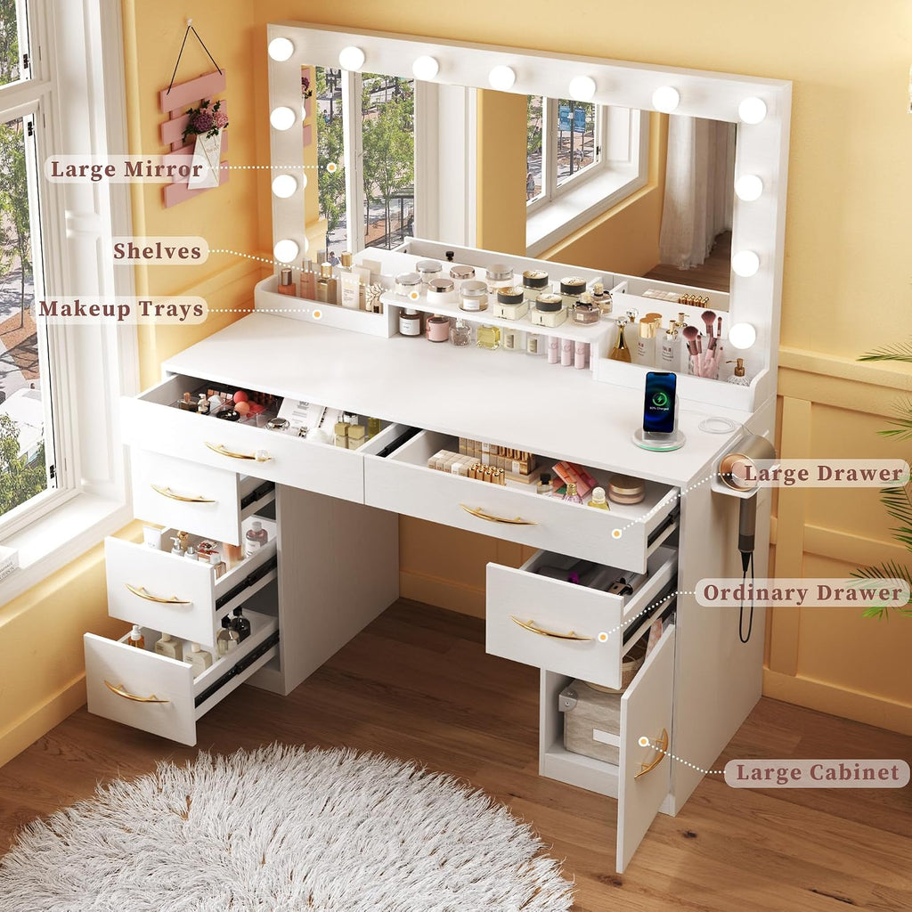ALEXNUTRE Vanity Desk with Mirror and Lights, Makeup Vanity with Outlets & Large Mirror & 6 Drawers,White Vanity with 3-Color Adjustable Lighting, Makeup Vanity for Bedroom