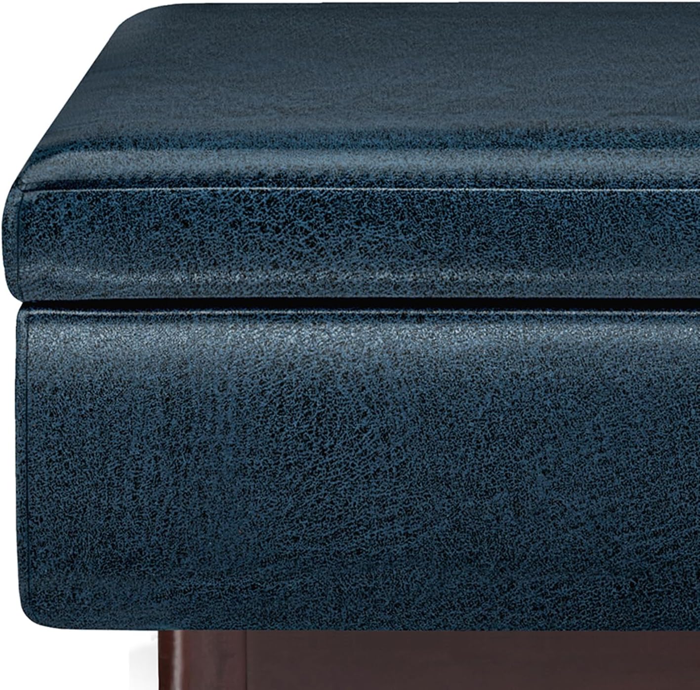 SIMPLIHOME Owen Coffee Table Storage Ottoman - 34' Wide x 19' High Upholstered Vegan Leather Rectangular Lift-Top Ottoman in Distressed Dark Blue, Mid-Century Modern Bench with Tapered Legs