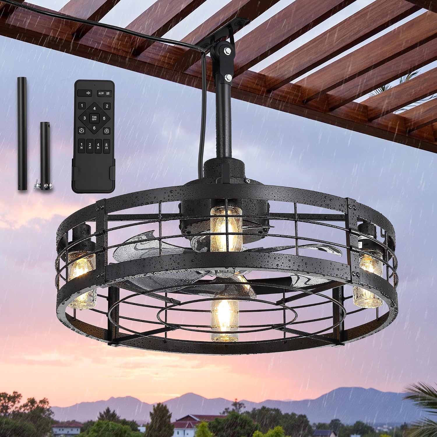 LEDIARY 22' Outdoor Ceiling Fans with Light, Waterproof Gazebo Fan with Hanging Hook, Plug in Ceiling Fan with Remote,Caged Ceiling Fan with 6 Speed Timer for Patio, Porch, Pergola, Black