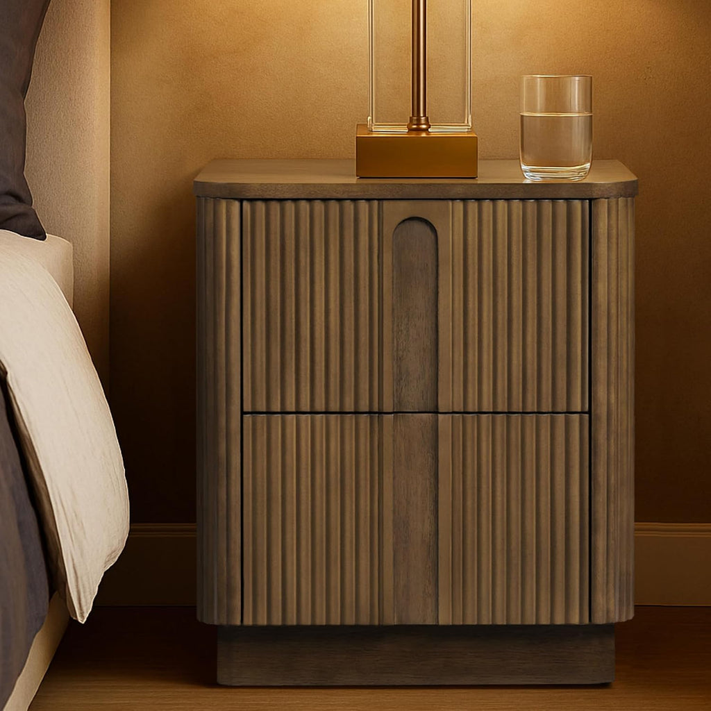 Teamson Home 20'' W Modern Storage 2-Drawer Push to Open Nightstand with Solid Wood Frame, Bedside Table Bedroom Furniture with Reeding Pattern in Scandinavian Style, Greige