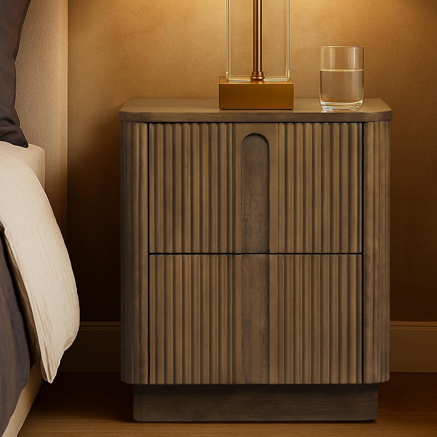 Teamson Home 20'' W Modern Storage 2-Drawer Push to Open Nightstand with Solid Wood Frame, Bedside Table Bedroom Furniture with Reeding Pattern in Scandinavian Style, Greige