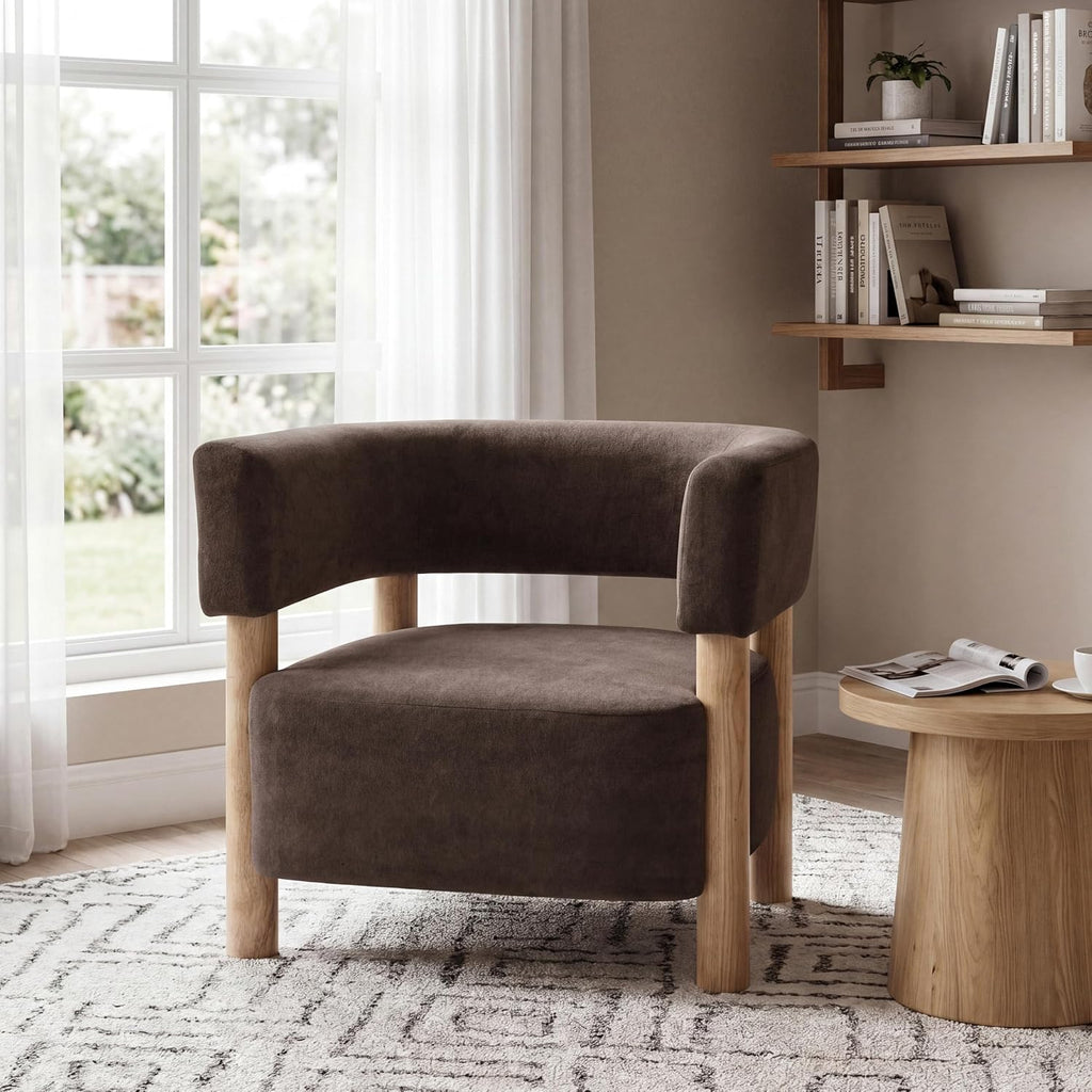 Christopher Knight Home Carly Low Profile Accent Chair, Boucle Upholstered Barrel Chair, Comfy Reading Chair for Bedroom, Wooden Single Lounge Sofa, Dark Brown