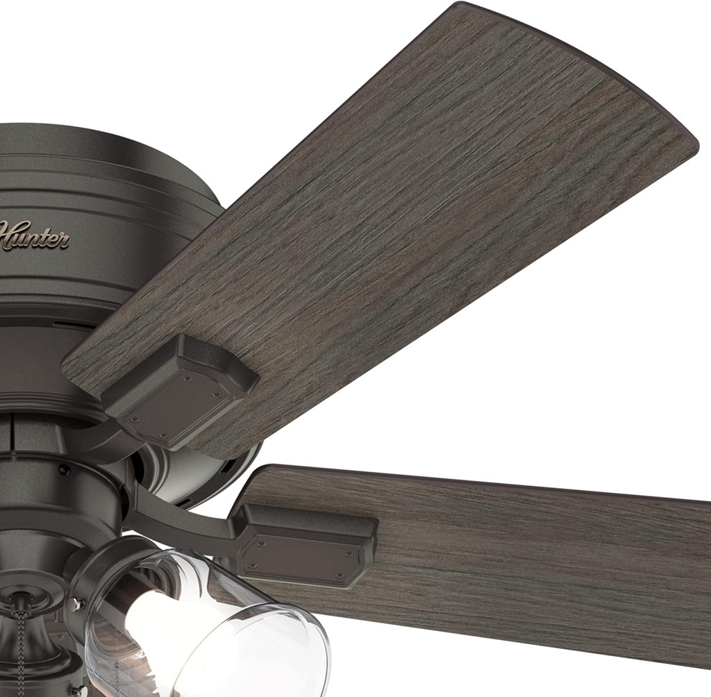 Hunter Fan 42 inch Noble Bronze Low Profile Indoor Ceiling fan with Clear Rippled Glass Light Kit and LED Bulbs (Renewed)